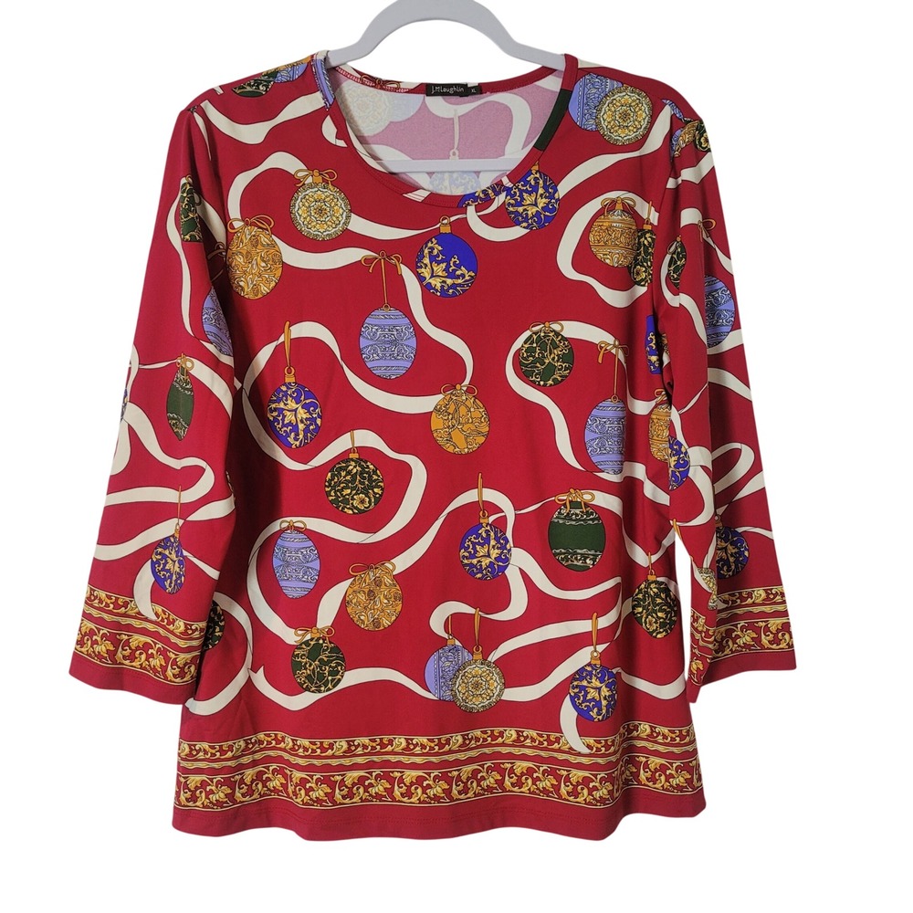 J.McLaughlin Womens XL Red Christmas Ornament Print 3/4 Sleeve Top Made in USA